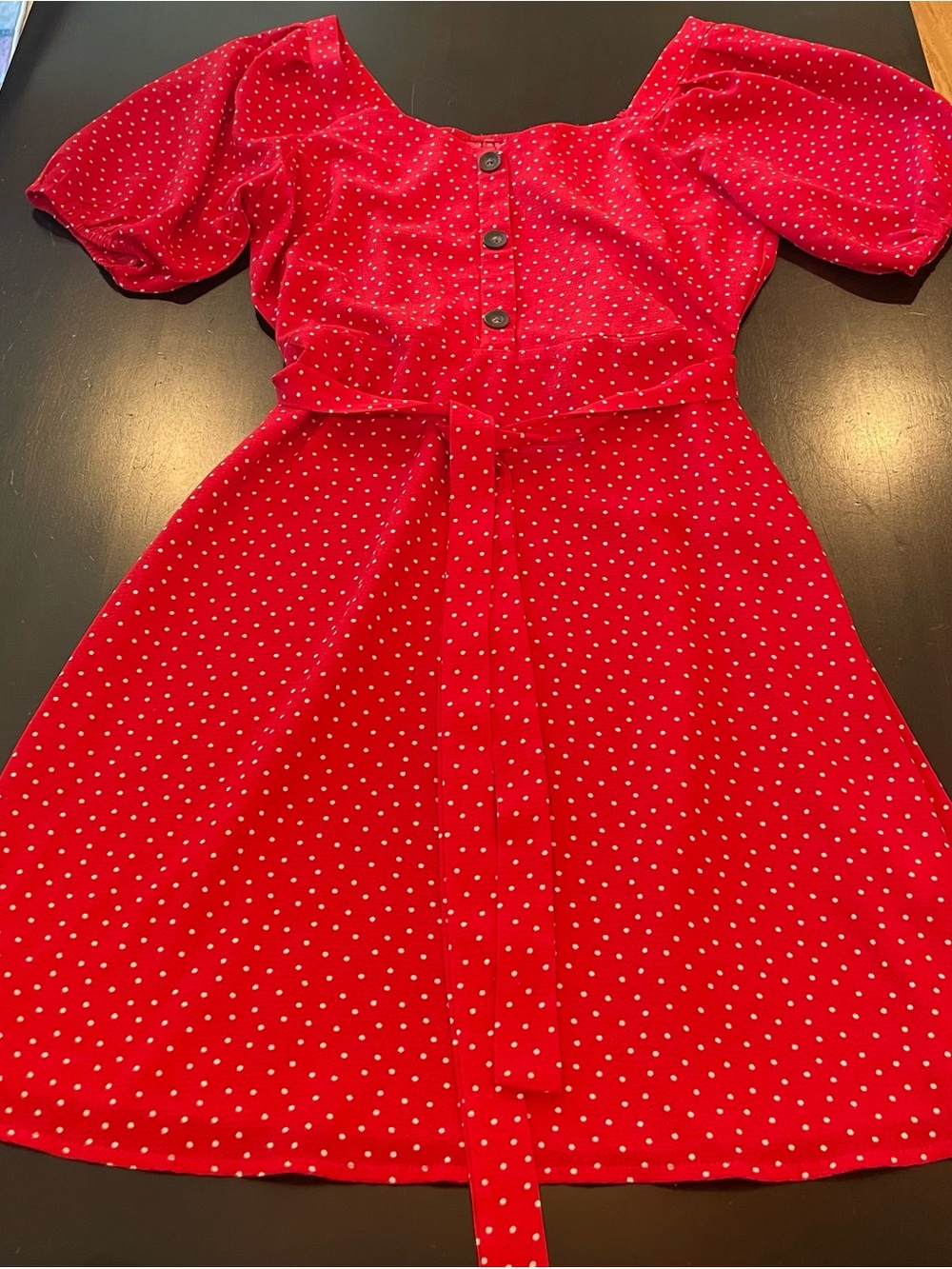 Red Polka Midi Dress with Puff Sleeves and Waist Tie